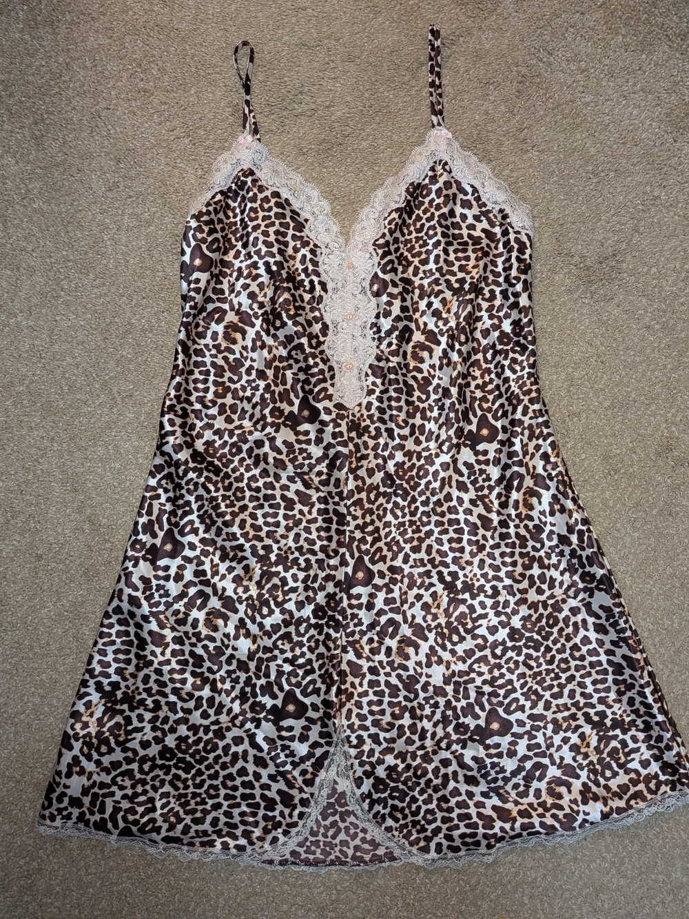 Enchanting Leopard Print Lace Trim Satin Chemise - Brown/Pink